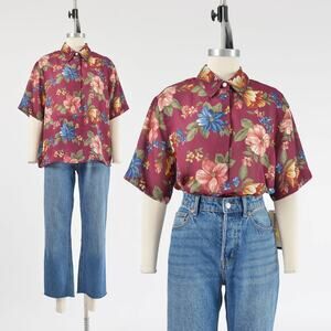 Vintage Dark Burgundy Sheer Floral Blouse Short Sleeve Collared Top L